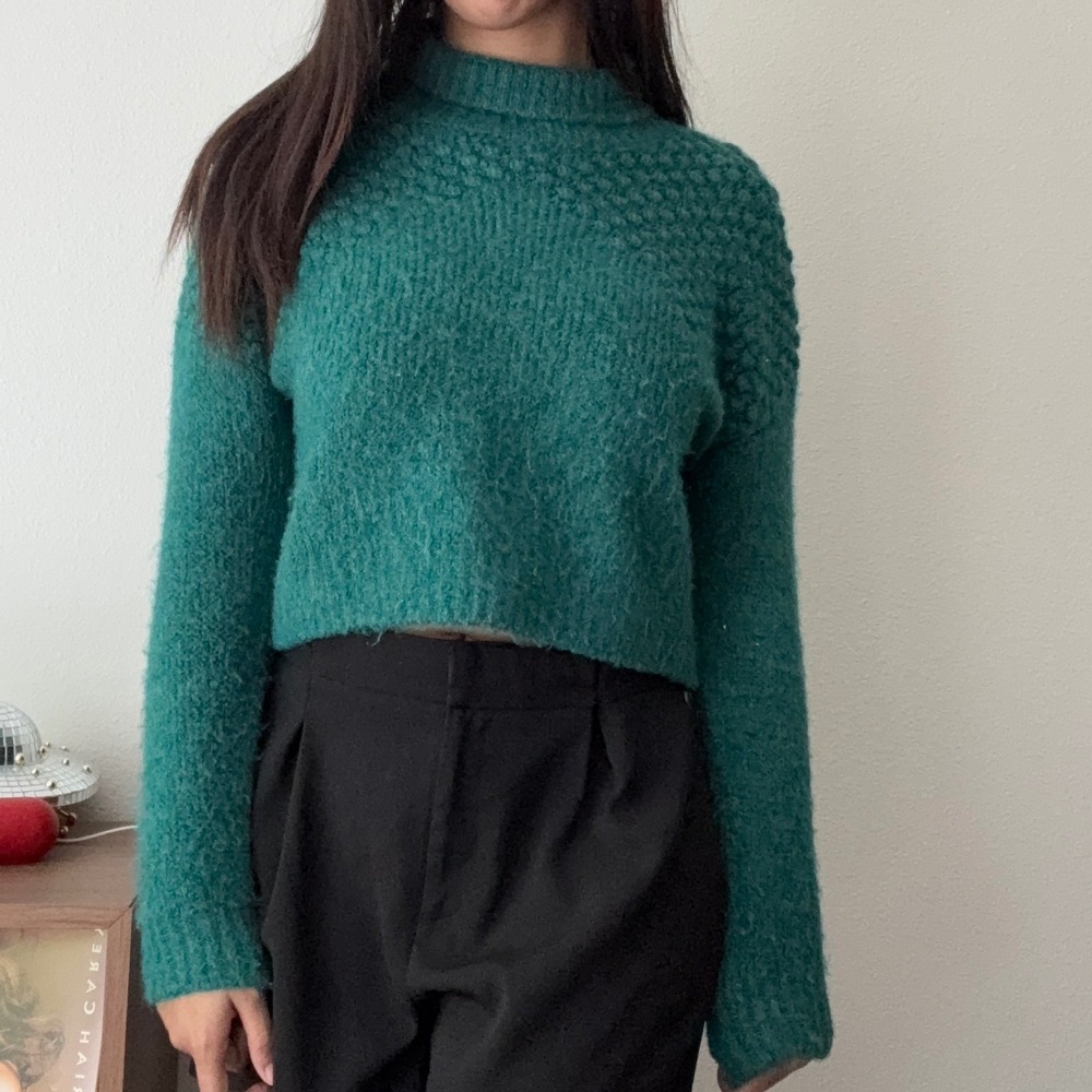 Free People Teal Green Bobble Knit‎ Mock Neck Cropped Sweater OB1508649 Small - Picture 2 of 7